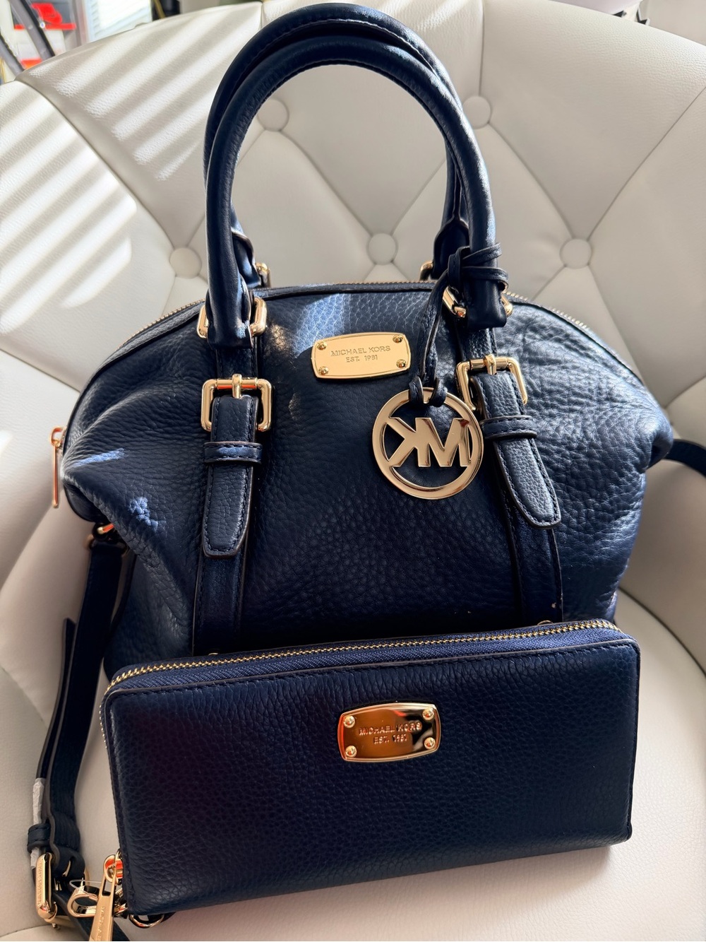 Michael Kors Navy Pebbled Leather Satchel with Gold Hardware and wallet